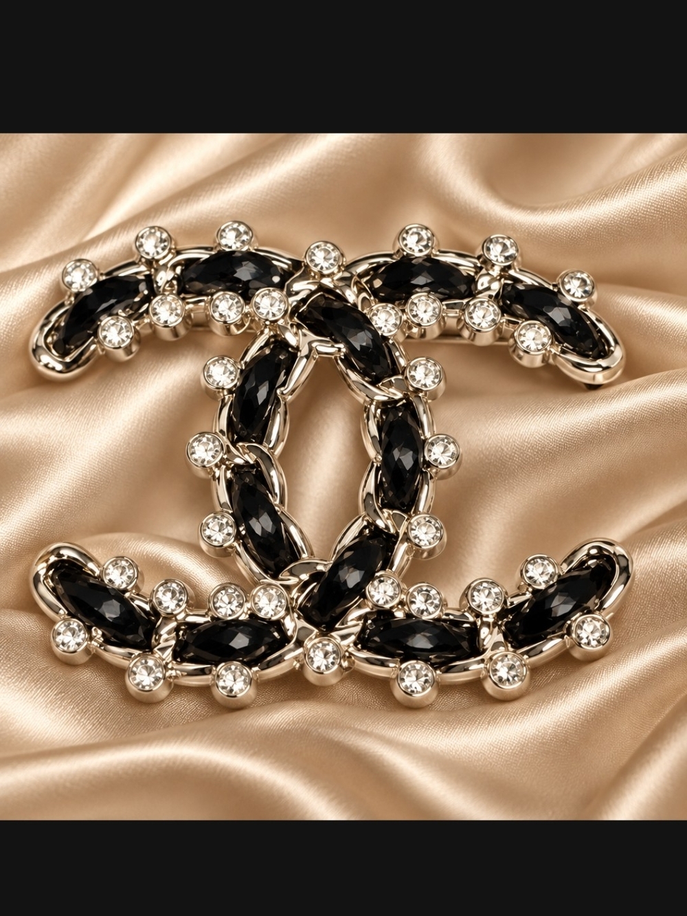 Silver, Crystal & Vegan Blk. Leather CC Brooch